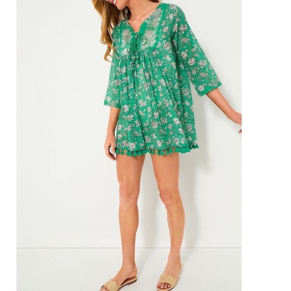 Ros Garden Green Floral Cotton Tassel Hem Boho Mini Dress Tunic Top Small x1